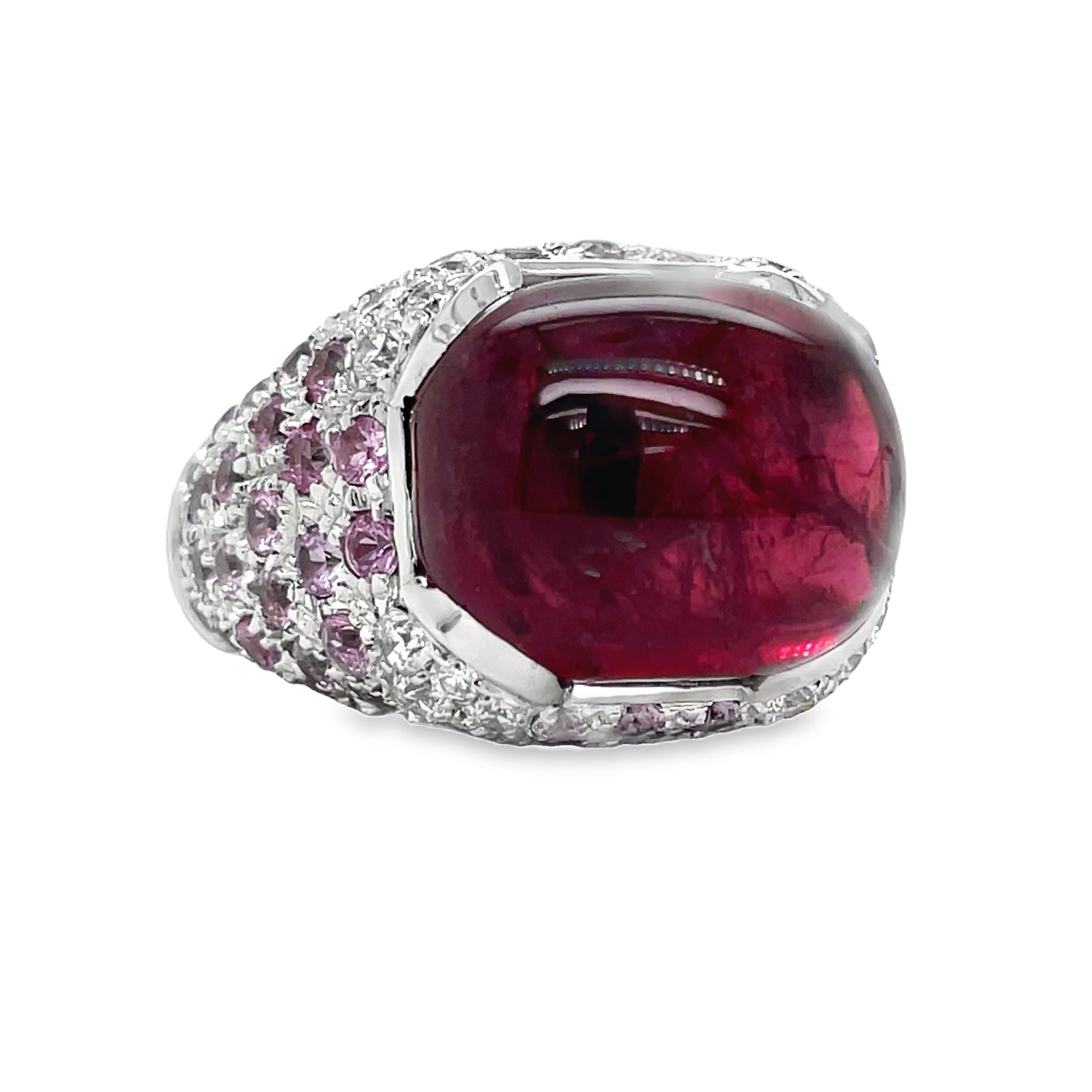 Italian Made Ruby Cabochon, Pink Topaz and Diamond Fashion Ring Side view 