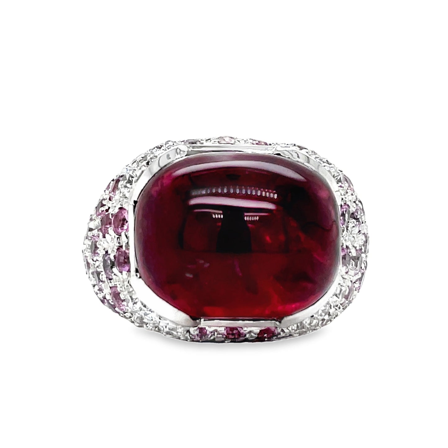 Italian Made Ruby Cabochon, Pink Topaz and Diamond Fashion Ring Front view 