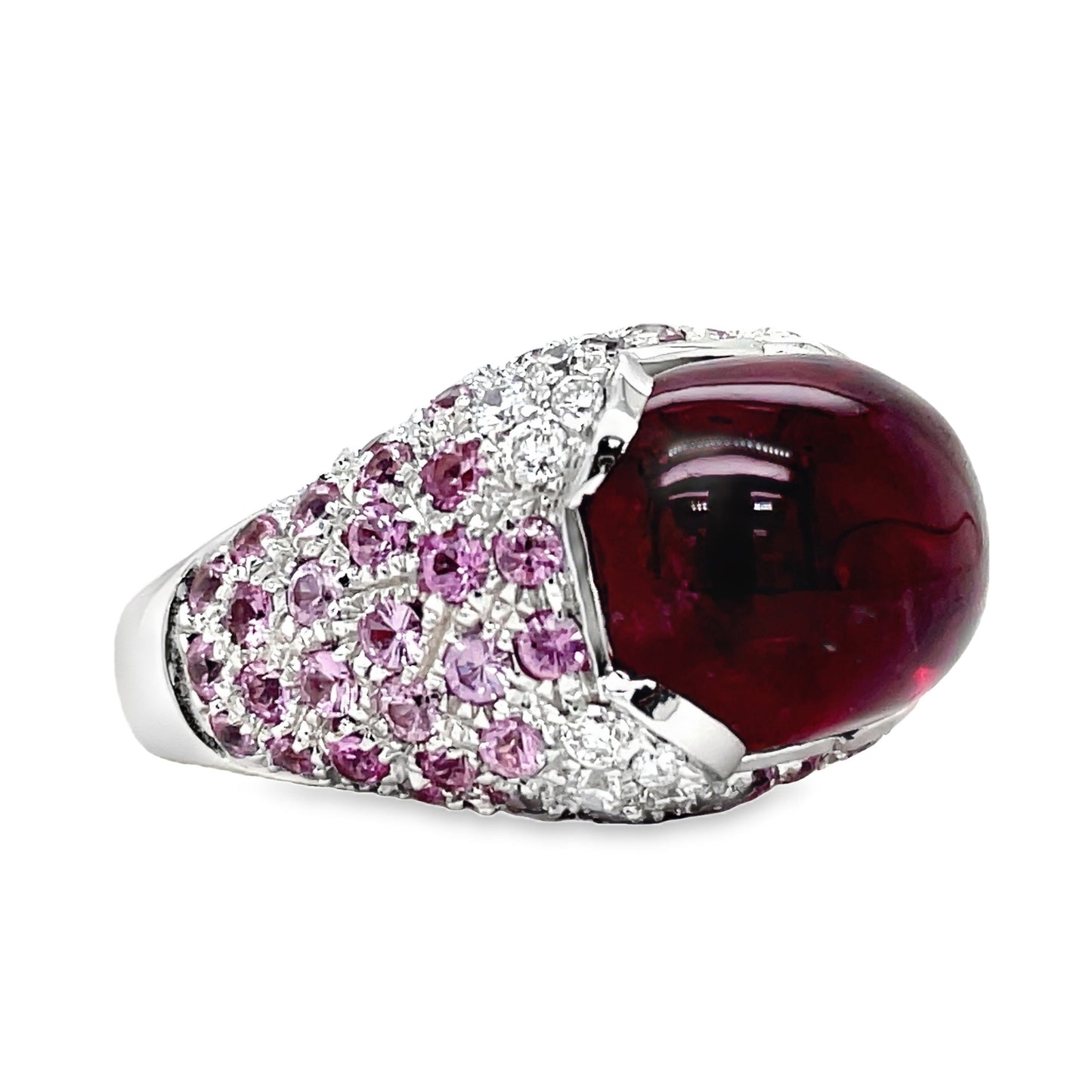 Italian Made Ruby Cabochon, Pink Topaz and Diamond Fashion Ring Side view