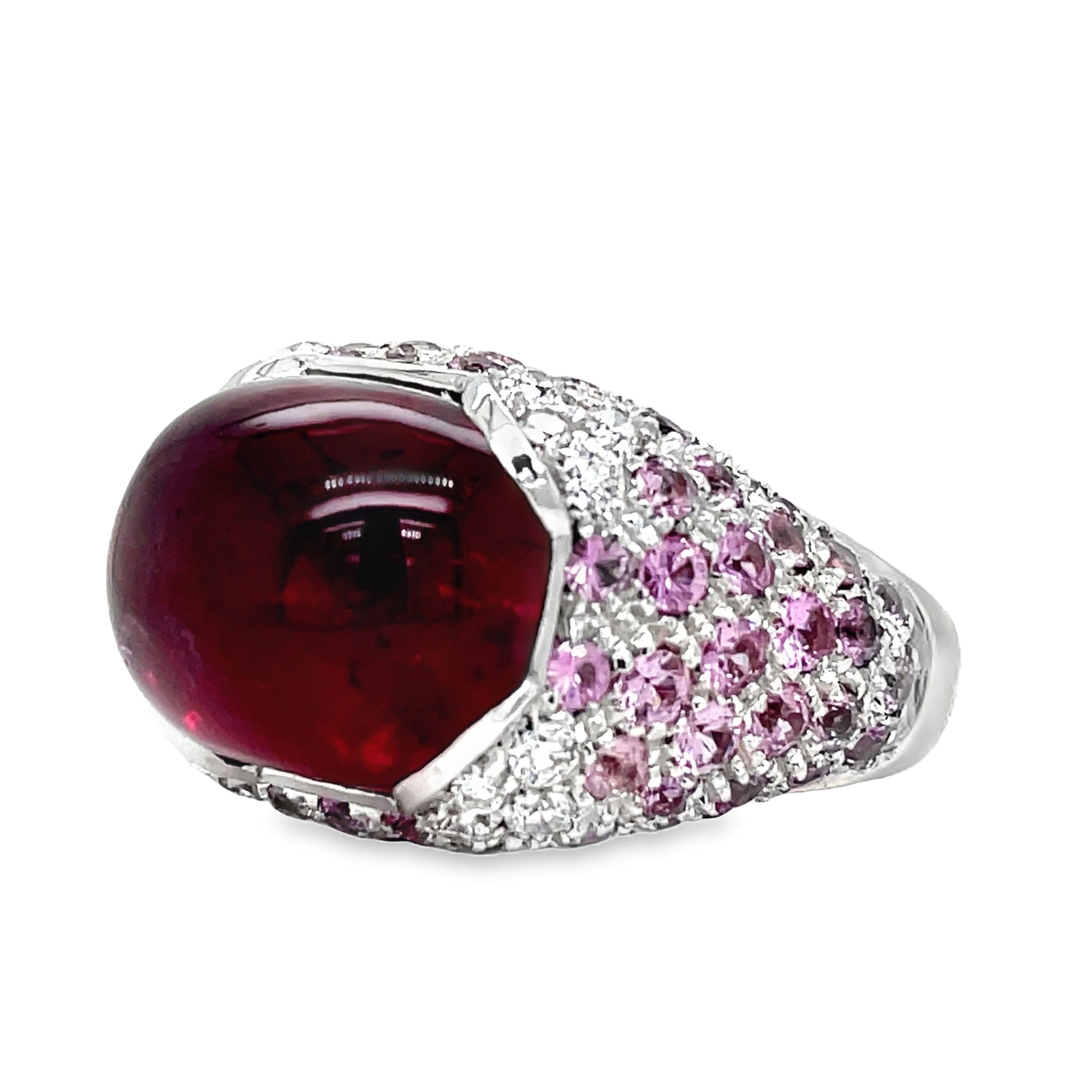 Italian Made Ruby Cabochon, Pink Topaz and Diamond Fashion Ring Side view 