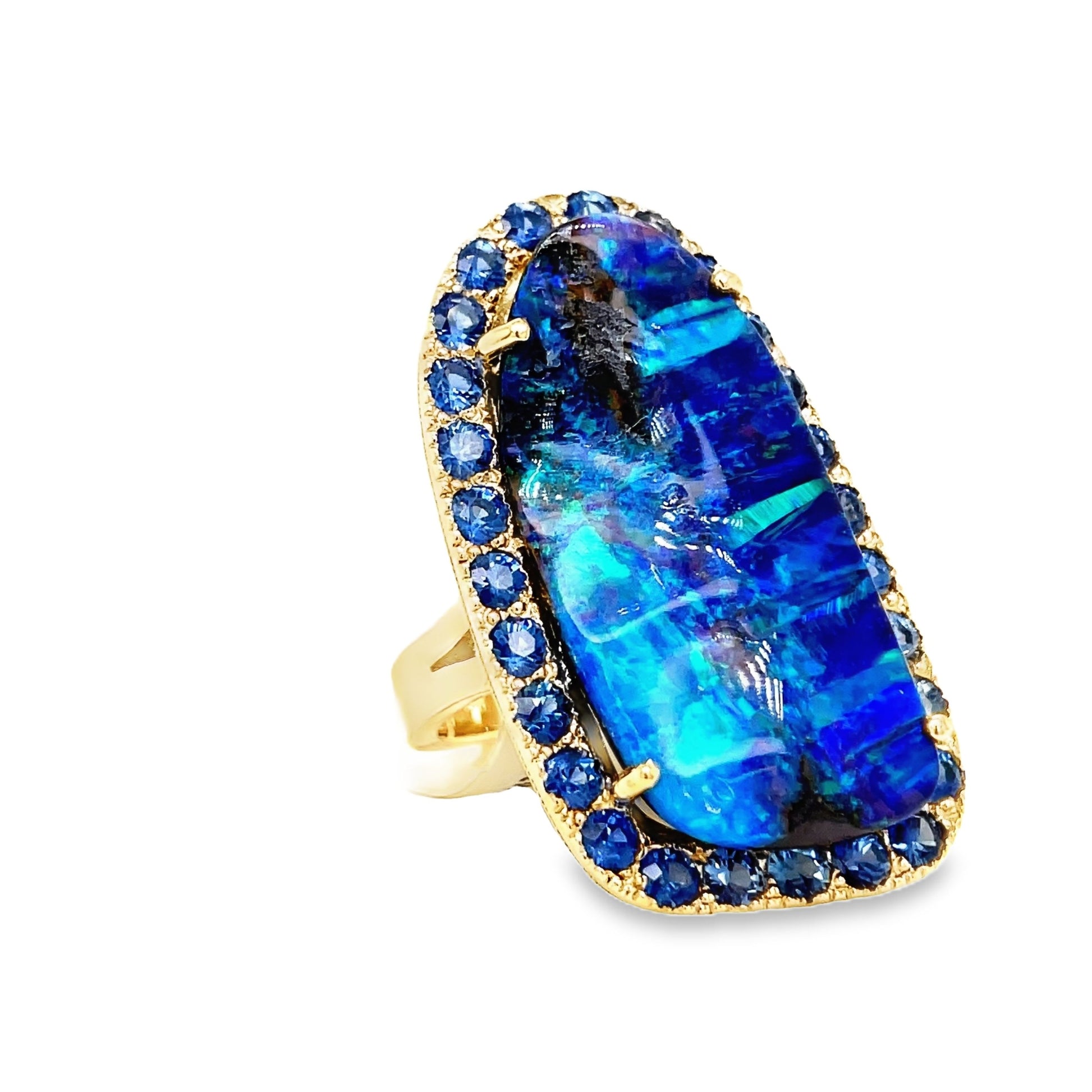 Hand Made Large Australian Black Opal and Sapphire Ring Side view 