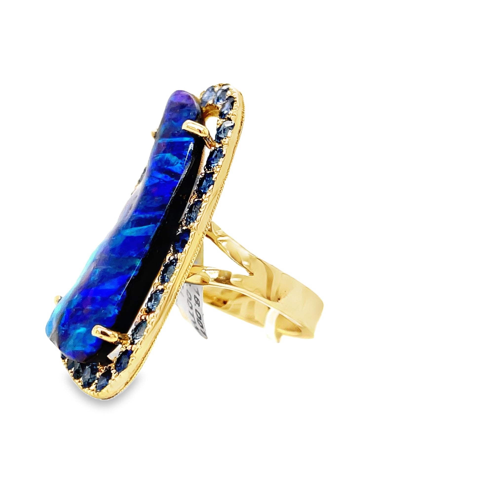 Hand Made Large Australian Black Opal and Sapphire Ring Profile View