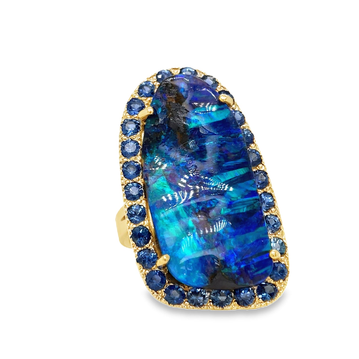 Hand Made Large Australian Black Opal and Sapphire Ring Side view 