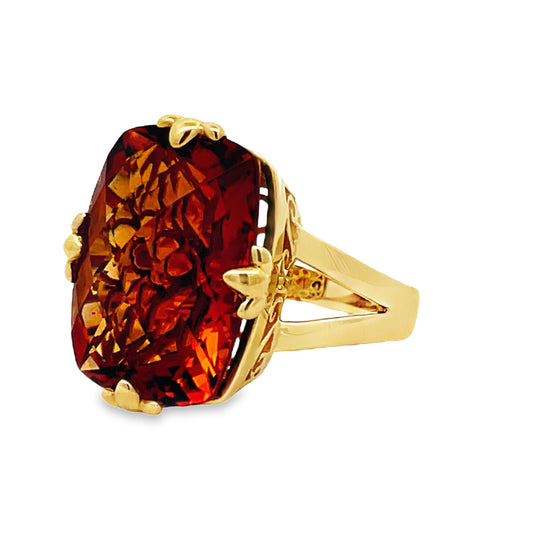Side view of Large Square Citrine Gem Yellow Gold Ring 