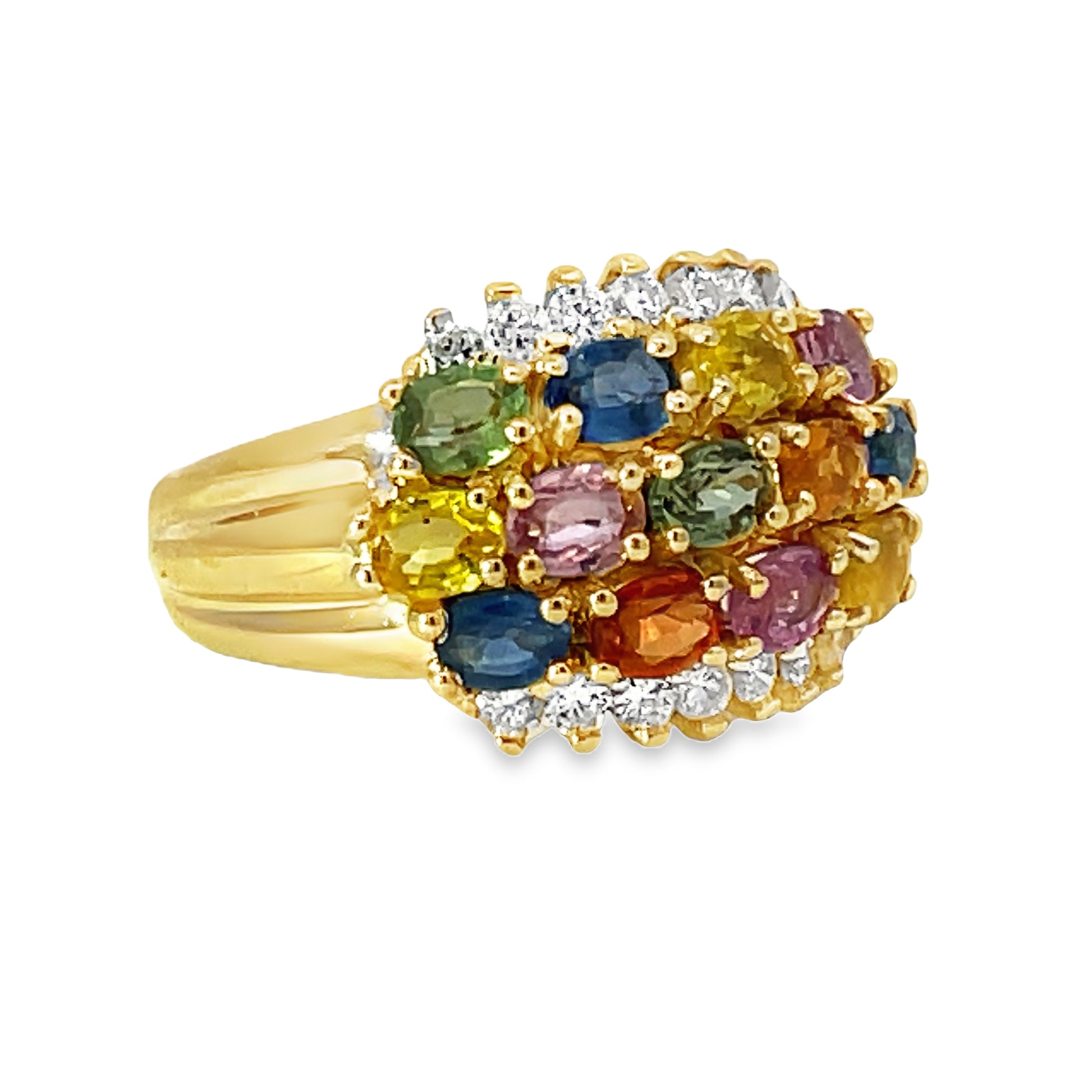 Side view of 14K Yellow Gold Multicolor Sapphire Five Row Ring