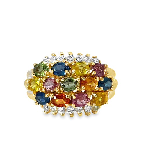 Front view of 14K Yellow Gold Multicolor Sapphire Five Row Ring