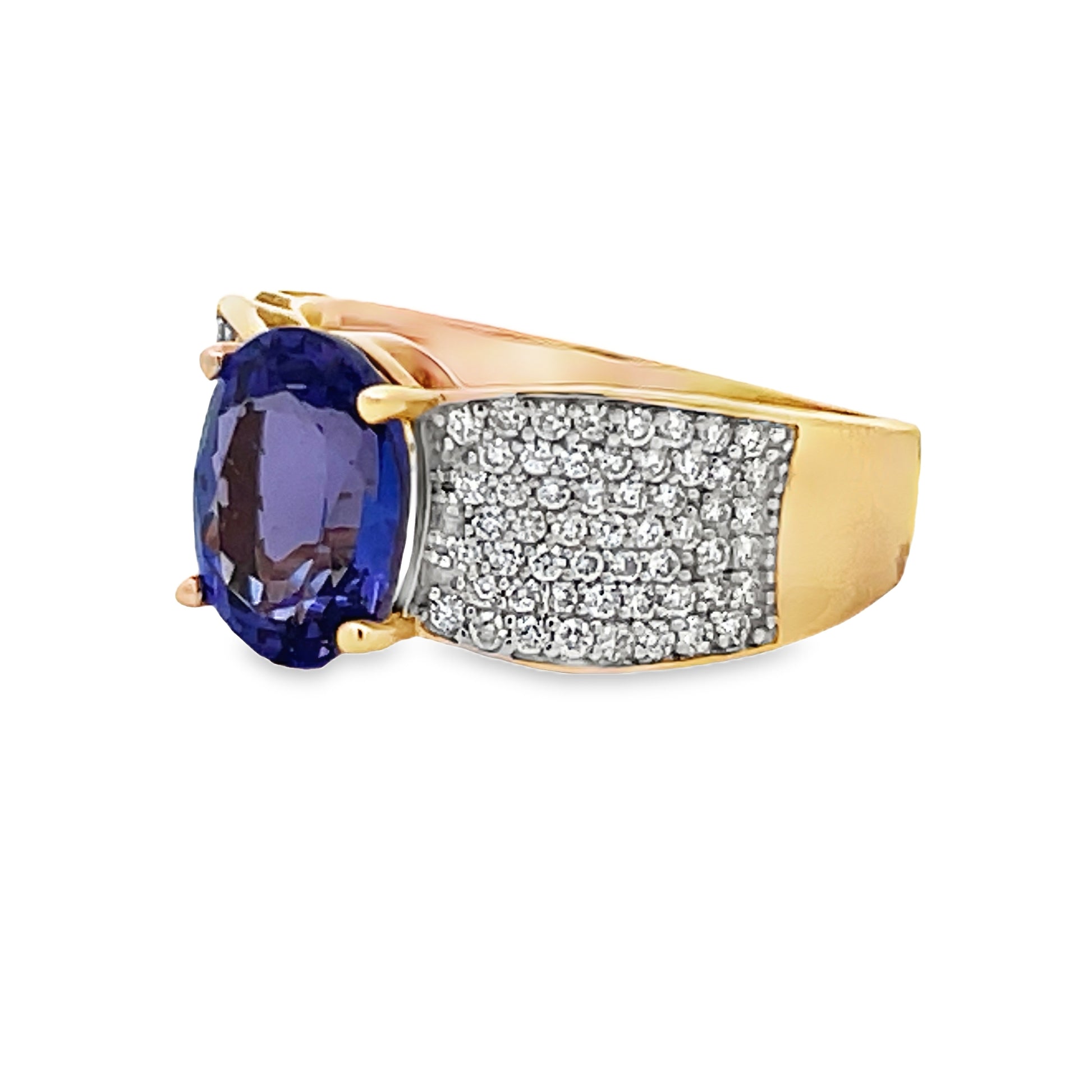 Side view of Estate 14k Yellow Gold Oval Tanzanite Pave Diamond Ring 