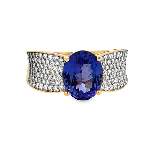 Front view of Estate 14k Yellow Gold Oval Tanzanite Pave Diamond Ring 