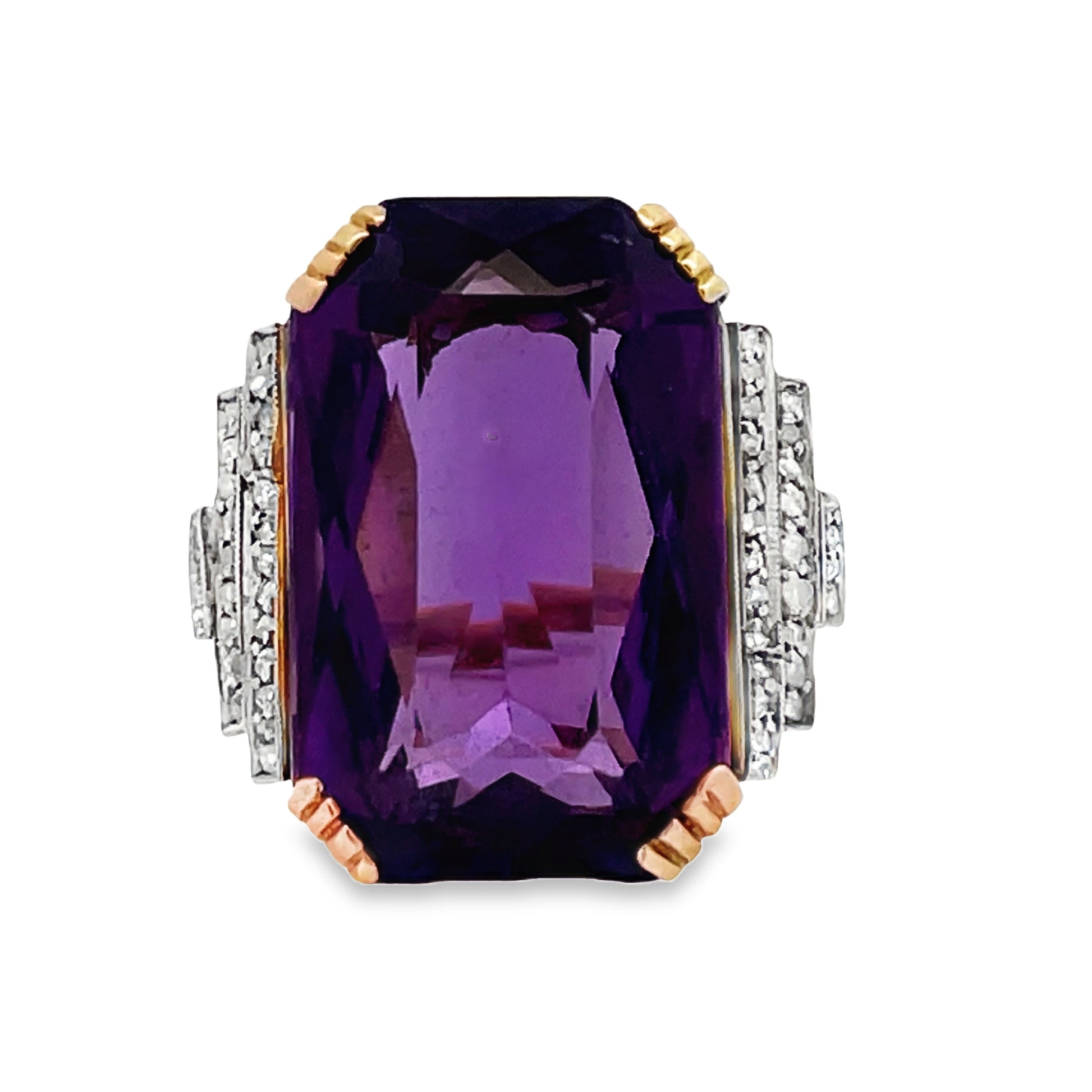 Front view of Estate 14k Yellow Gold Large Emerald Cut Amethyst and Diamond Ring 