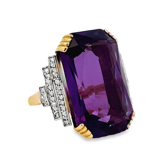 Side view of Estate 14k Yellow Gold Large Emerald Cut Amethyst and Diamond Ring 
