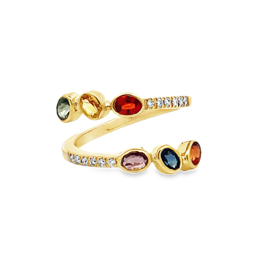 Front view of 14k Yellow Gold Multicolor Sapphire & Diamond Criss Cross Ring 