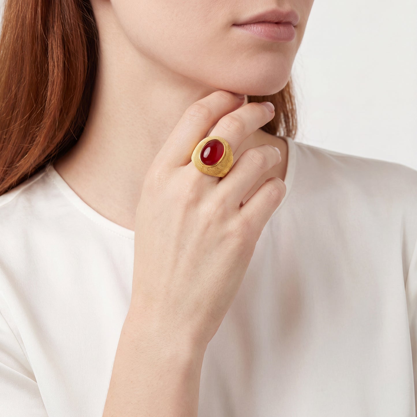 Try on View of 18k Yellow Gold Italian Made Woven Design Natural Coral Matte Finish Ring