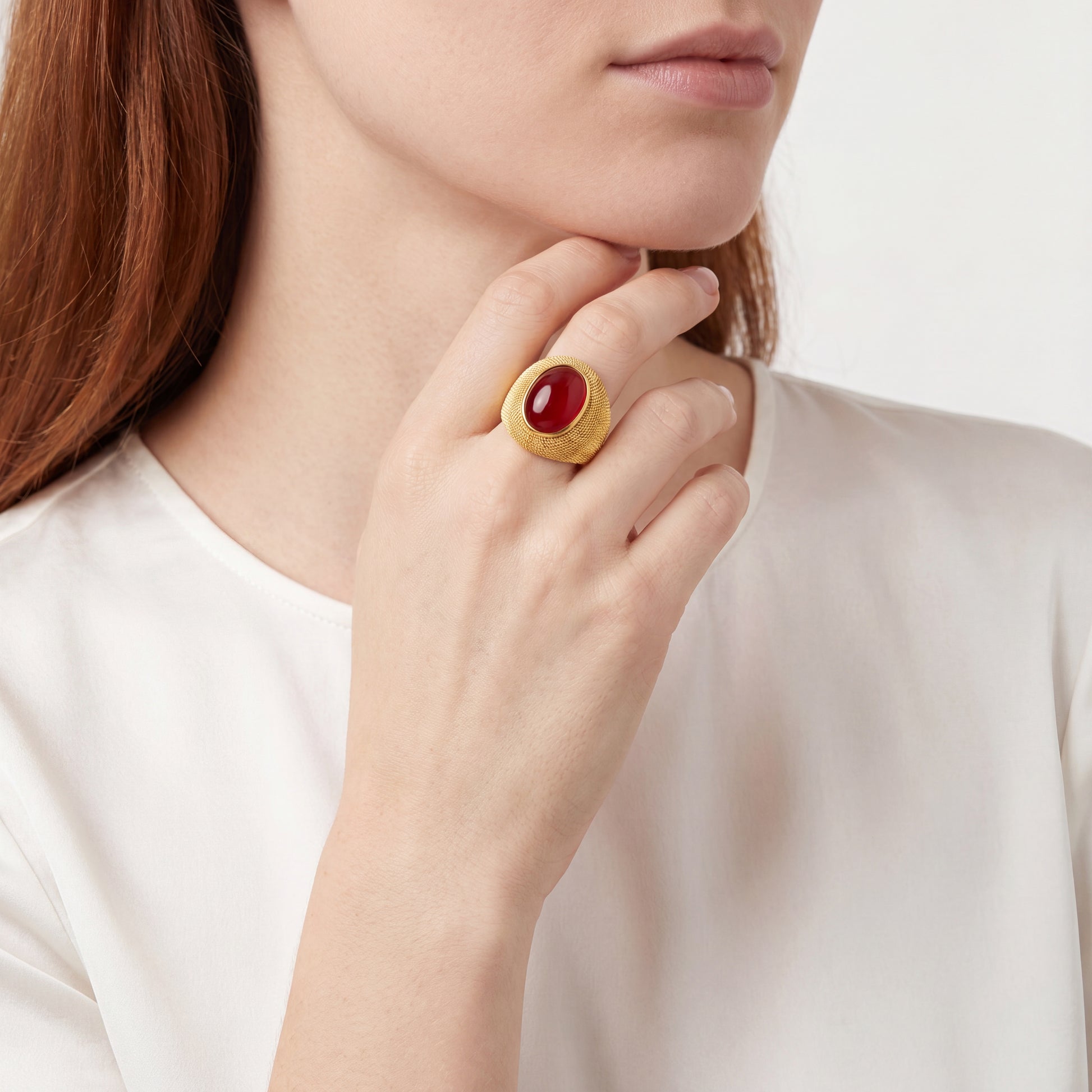 Try on View of 18k Yellow Gold Italian Made Woven Design Natural Coral Matte Finish Ring