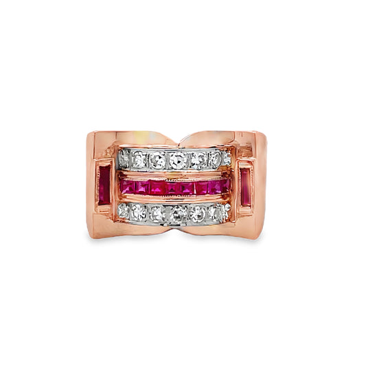 Front view of 14k Rose Gold Estate Ruby and Diamond Ring