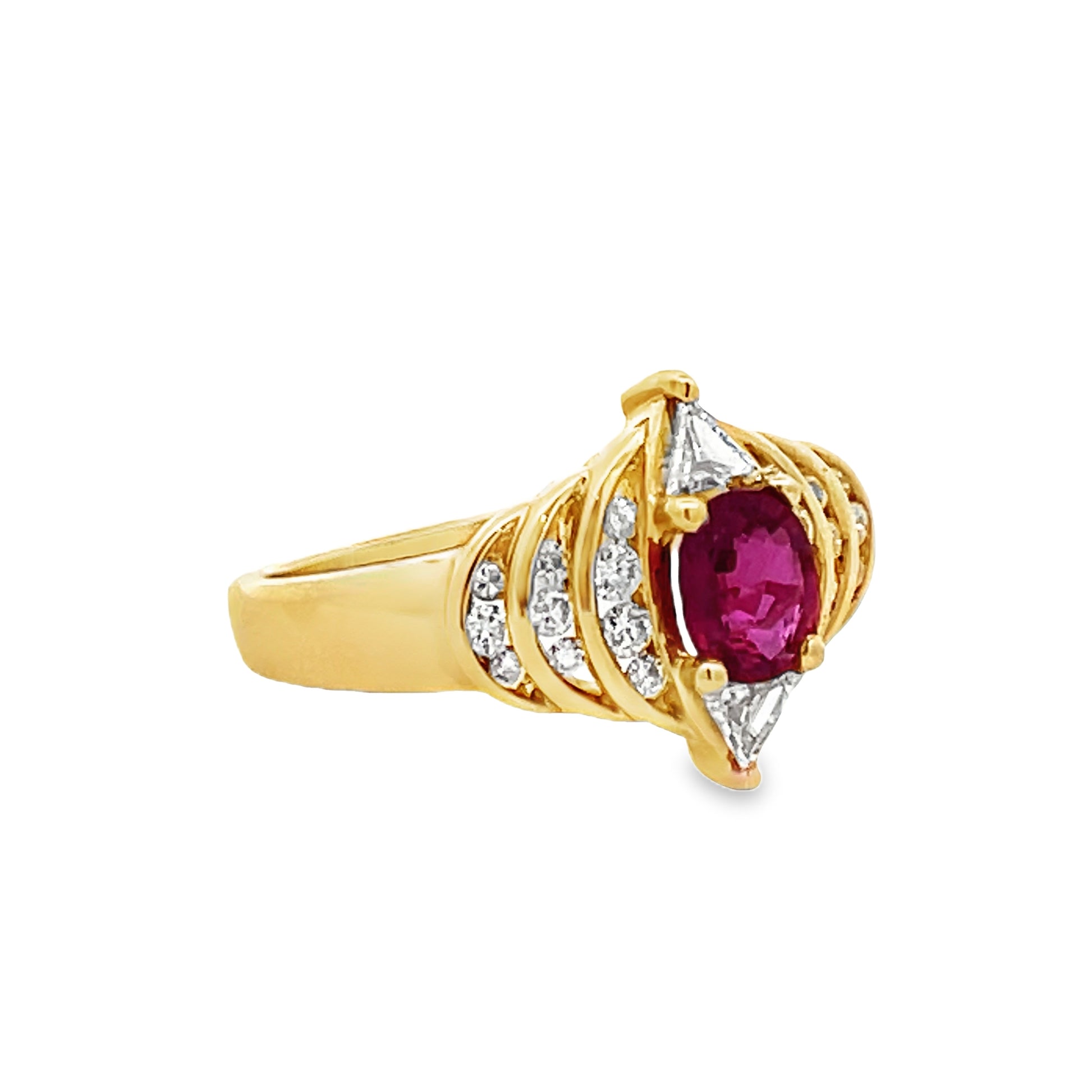 Side view of Estate 18k Yellow Gold Ruby and Diamond Ring