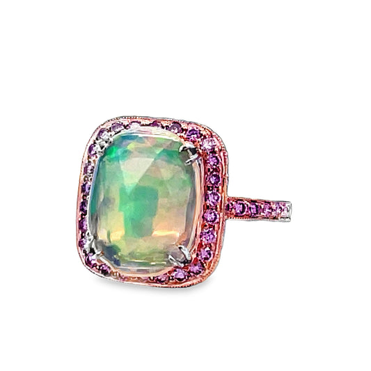 Side view of 18k Rose Gold Ethiopian Oval Opal and Pink Diamond Ring
