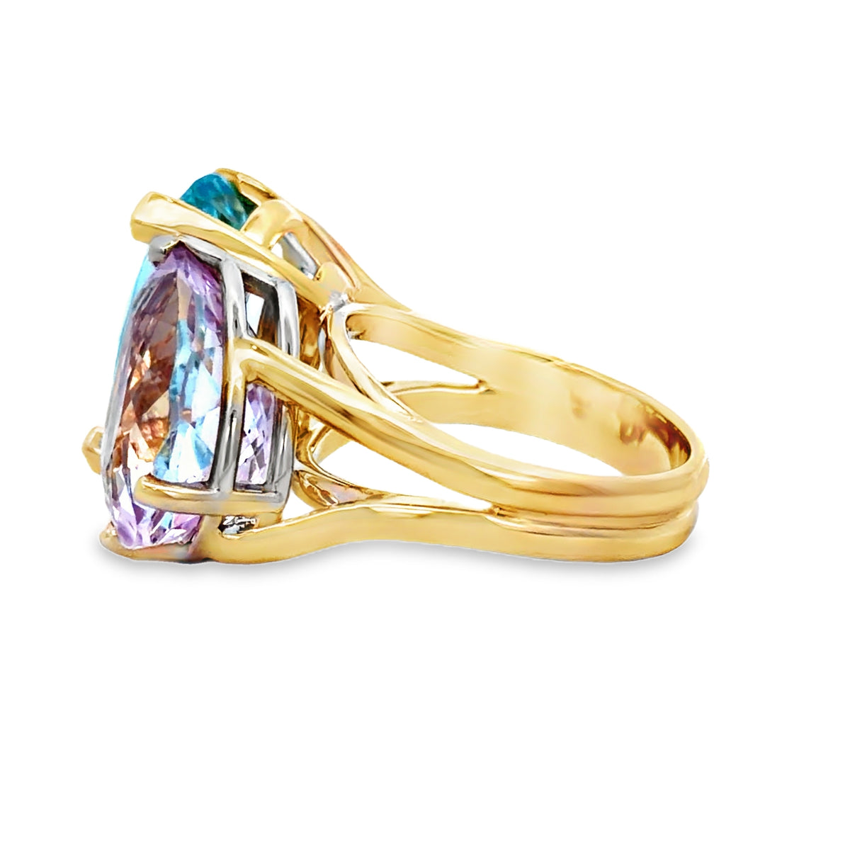 Side view of Toi et Moi Blue Topaz and Kunzite Ring in 14k Yellow Gold