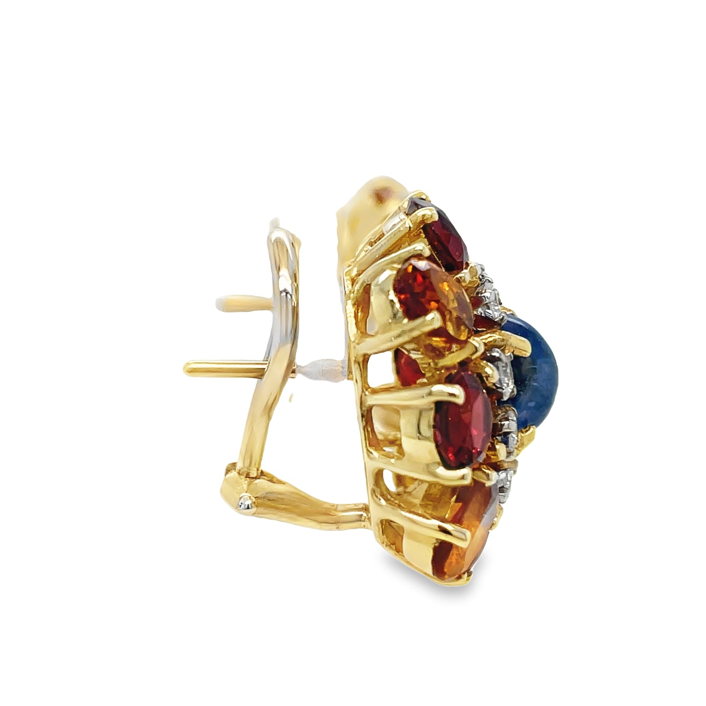 Side view of 14k Yellow Gold Flower Motif Garnet, Citrine & Sapphire Diamond Cluster Earrings