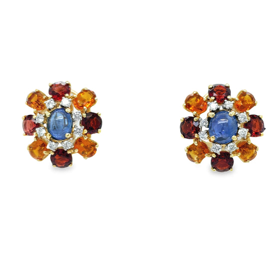 Front view of 14k Yellow Gold Flower Motif Garnet, Citrine & Sapphire Diamond Cluster Earrings