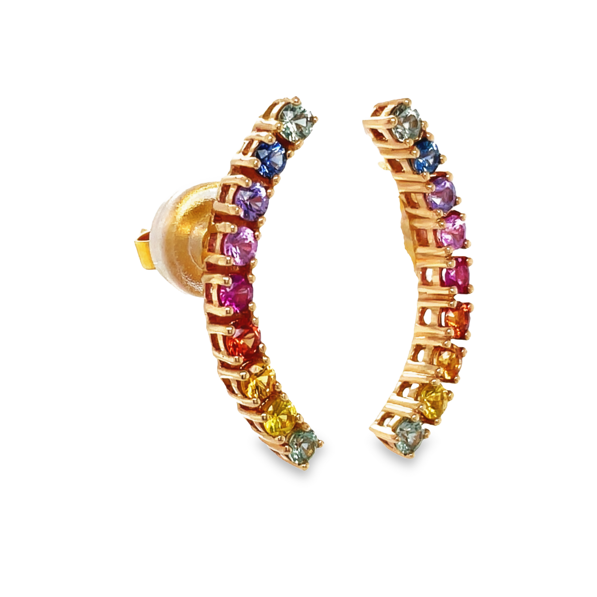 Side view of 18k Rose Gold Multicolor Sapphire Climber Earrings