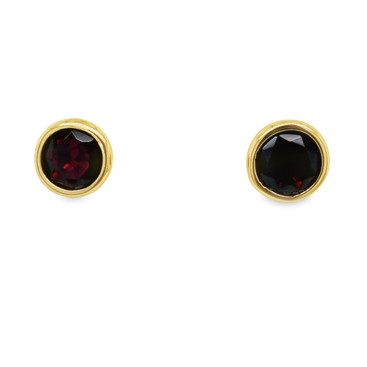 Front view of 18k Yellow Gold Garnet Stud Earrings