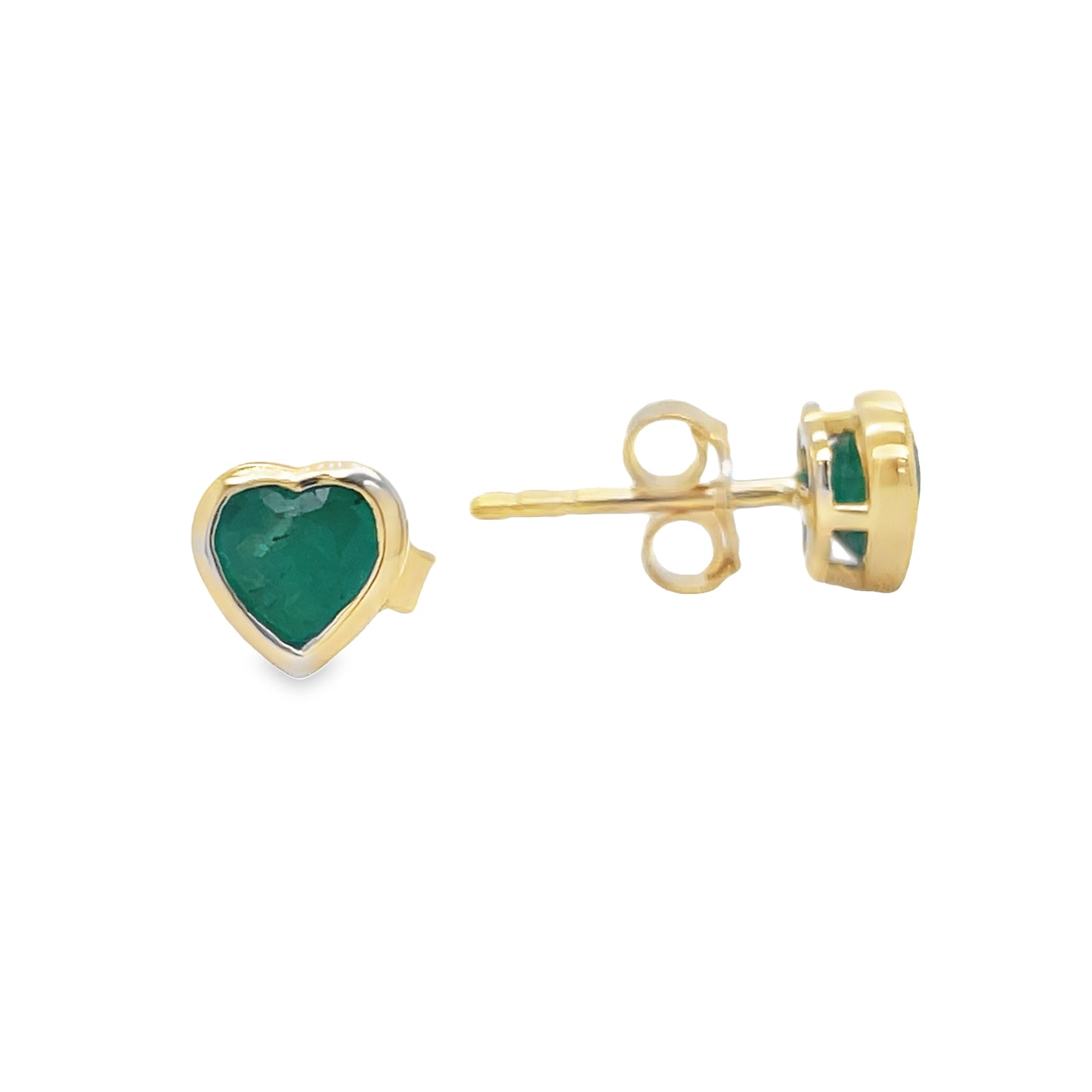 Dainty Emerald Heart Stud Earrings Front and Side View