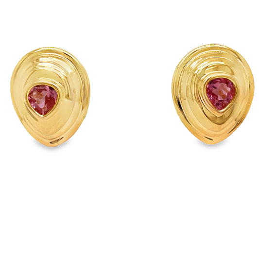 18k Yellow Gold Pink Sapphire Large Stud Earrings Front view 