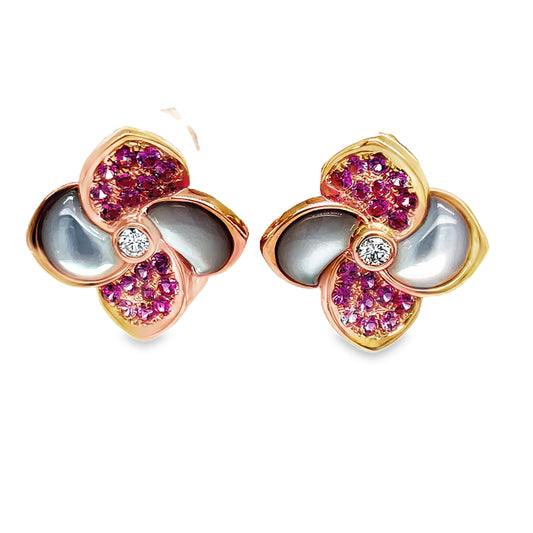 Pink Sapphire & Diamond Four Petal Earrings Front view 