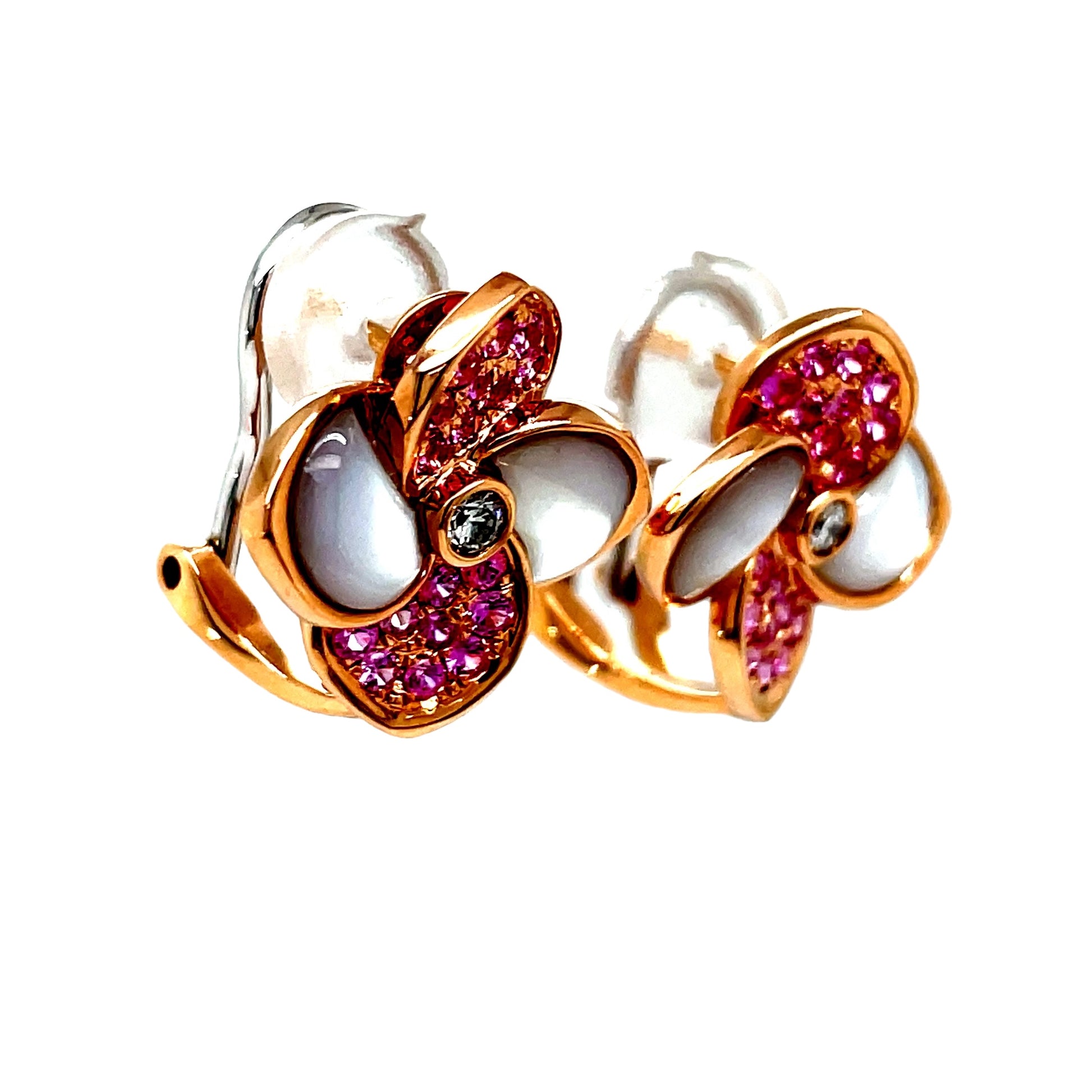 Pink Sapphire & Diamond Four Petal Earrings Side view 