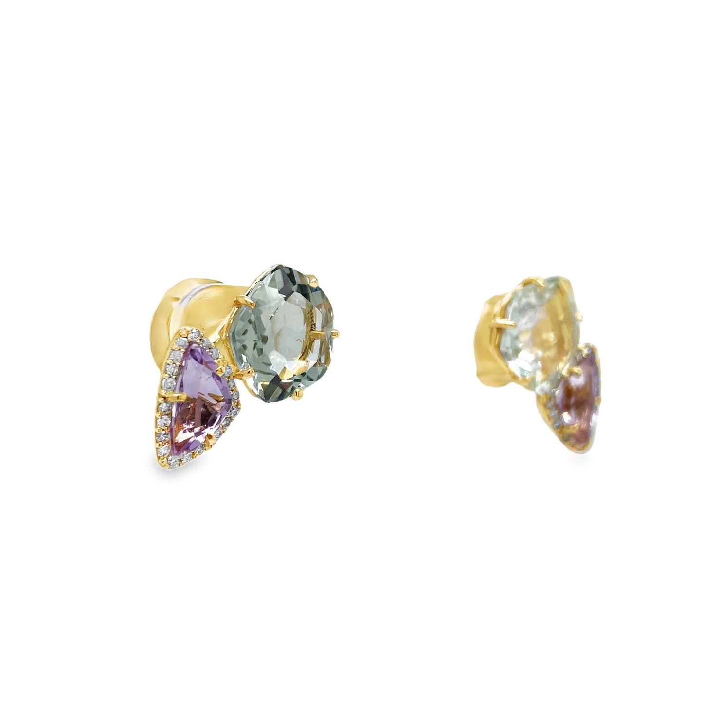 18k Yellow Gold Amethyst, Praziolite & Diamond Stud Earrings Side view