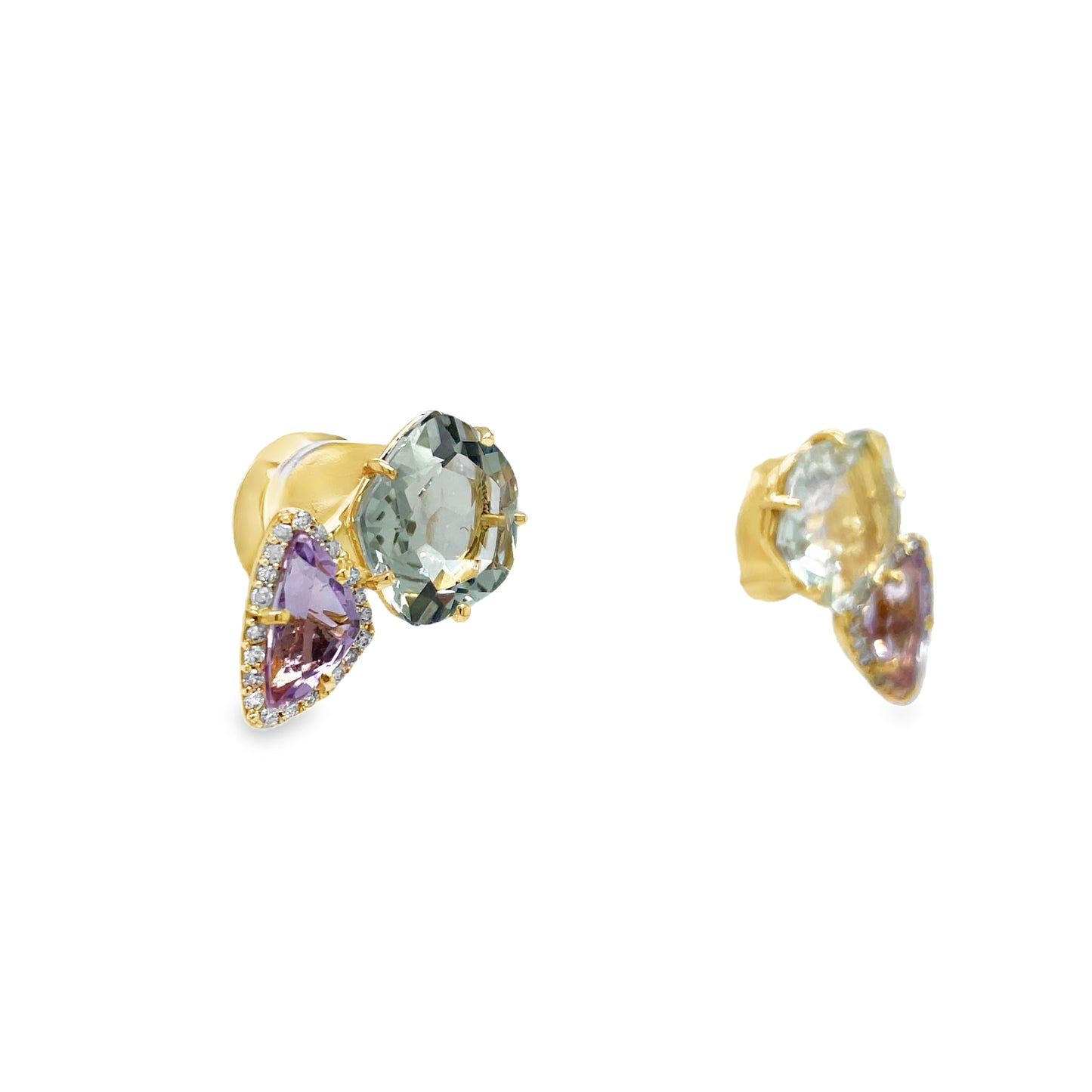 18k Yellow Gold Amethyst, Praziolite & Diamond Stud Earrings Side view