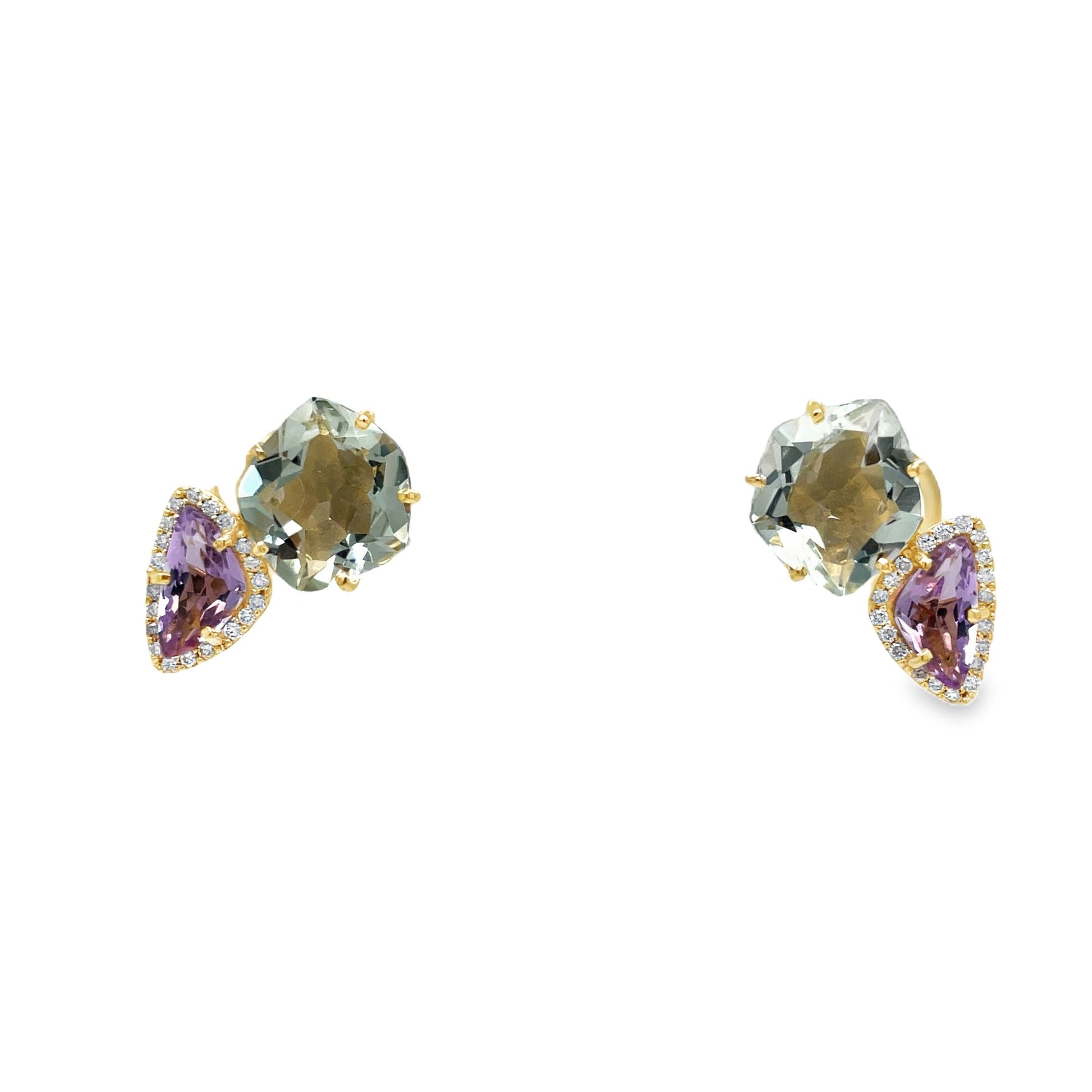 18k Yellow Gold Amethyst, Praziolite & Diamond Stud Earrings Front view