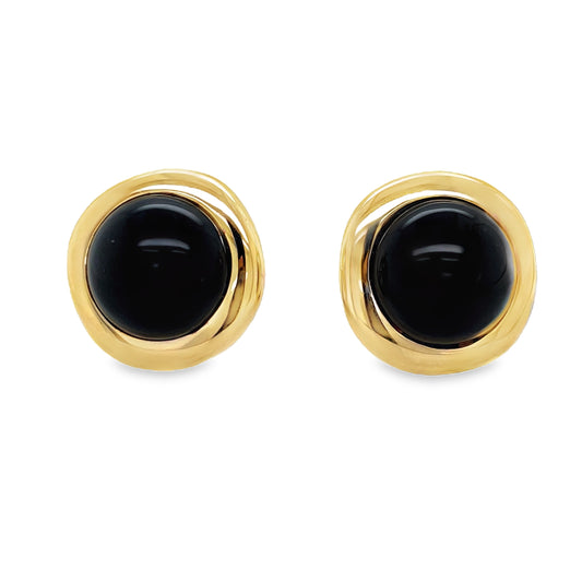 Front view of 14K Yellow Gold Onyx Cabochon Yellow Gold Stud Earrings