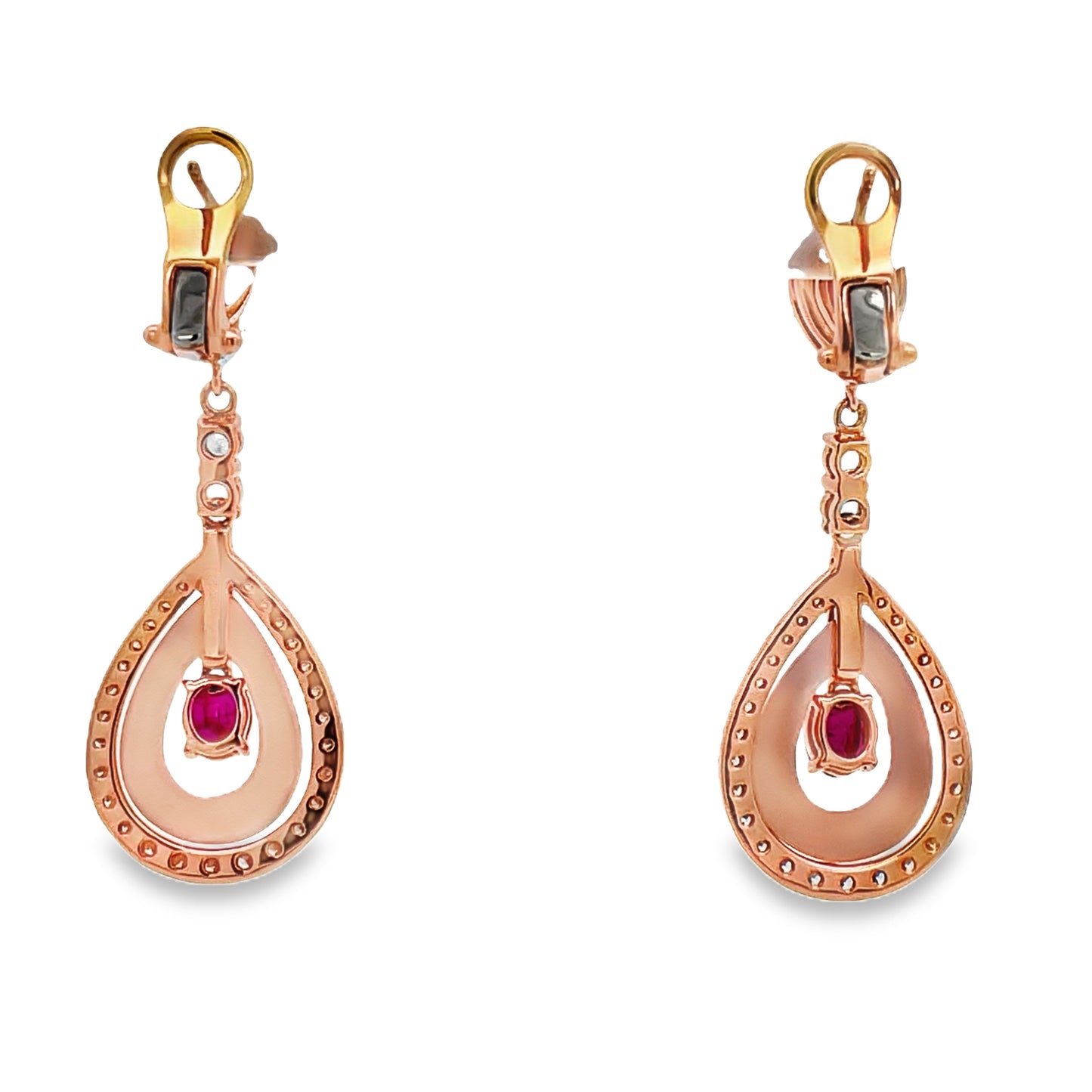 Back view of 18k Rose Gold MOP Ruby and Diamond Drop Earrings