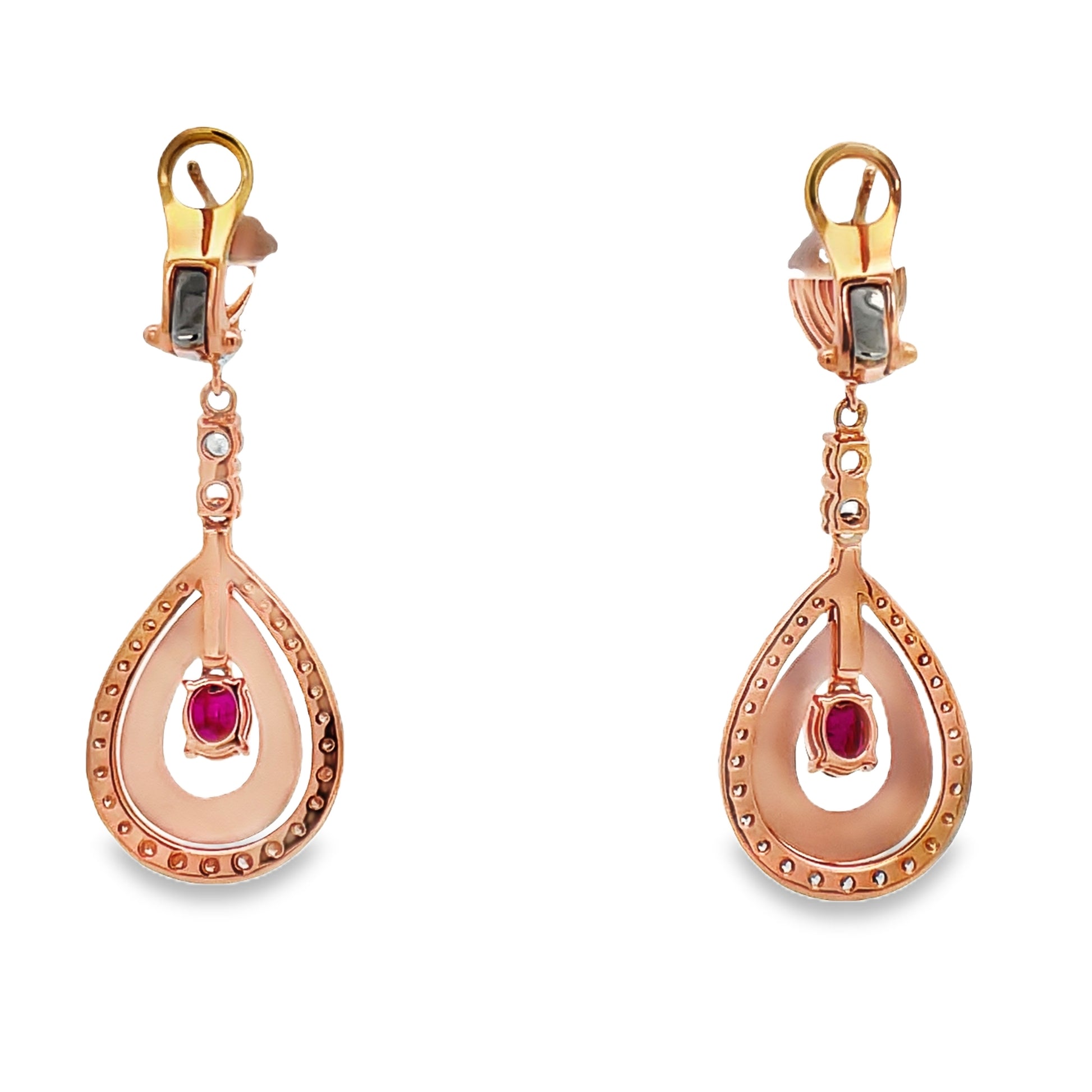 Back view of 18k Rose Gold MOP Ruby and Diamond Drop Earrings