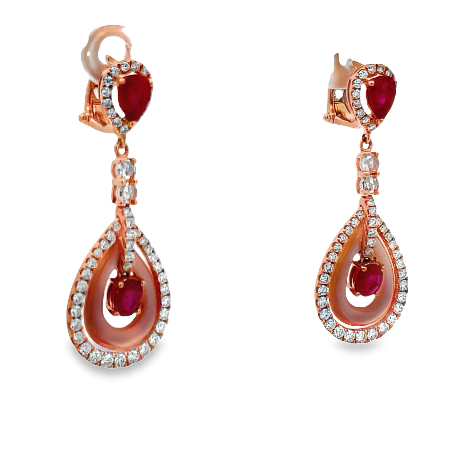 Side view of 18k Rose Gold MOP Ruby and Diamond Drop Earrings