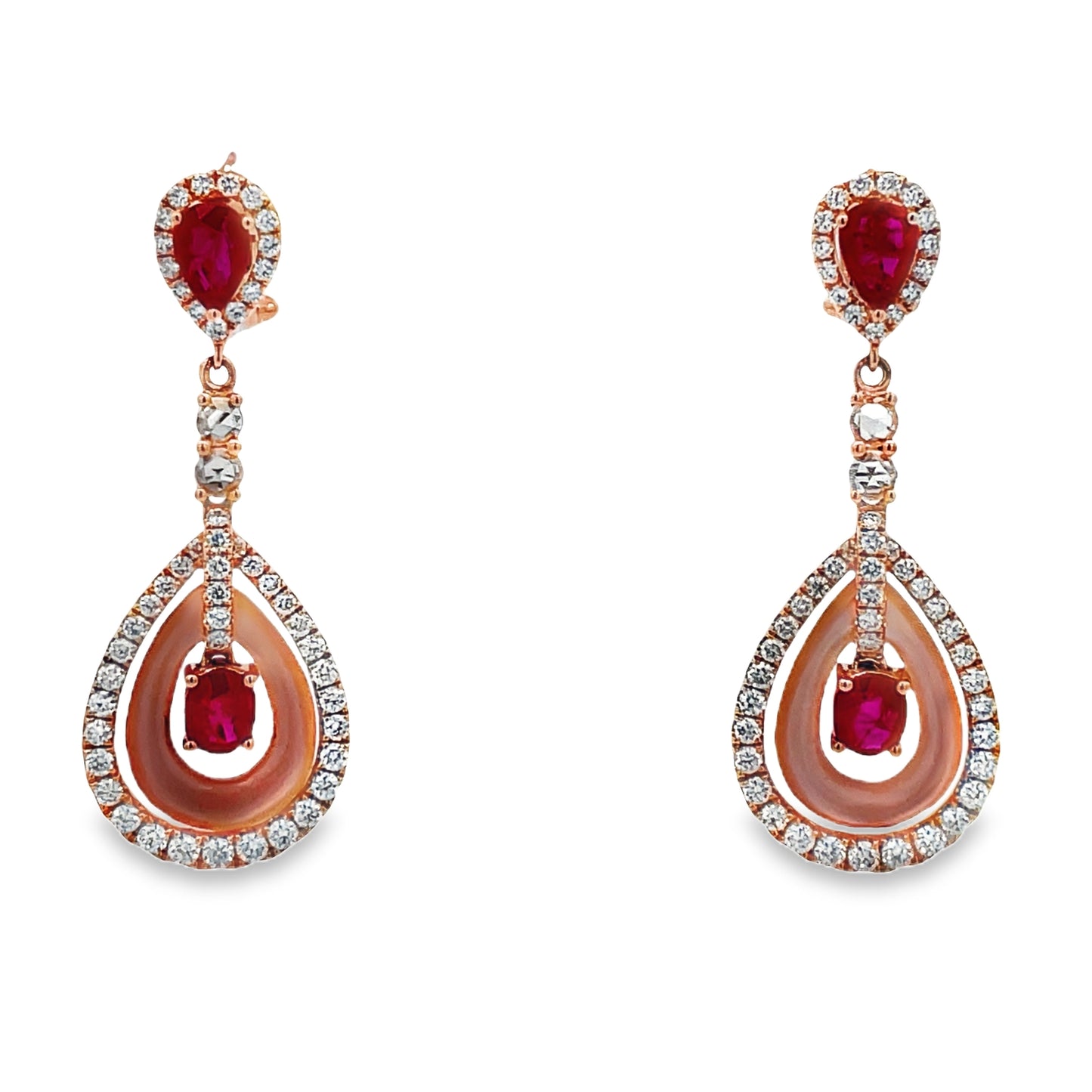 Front view of 18k Rose Gold MOP Ruby and Diamond Drop Earrings