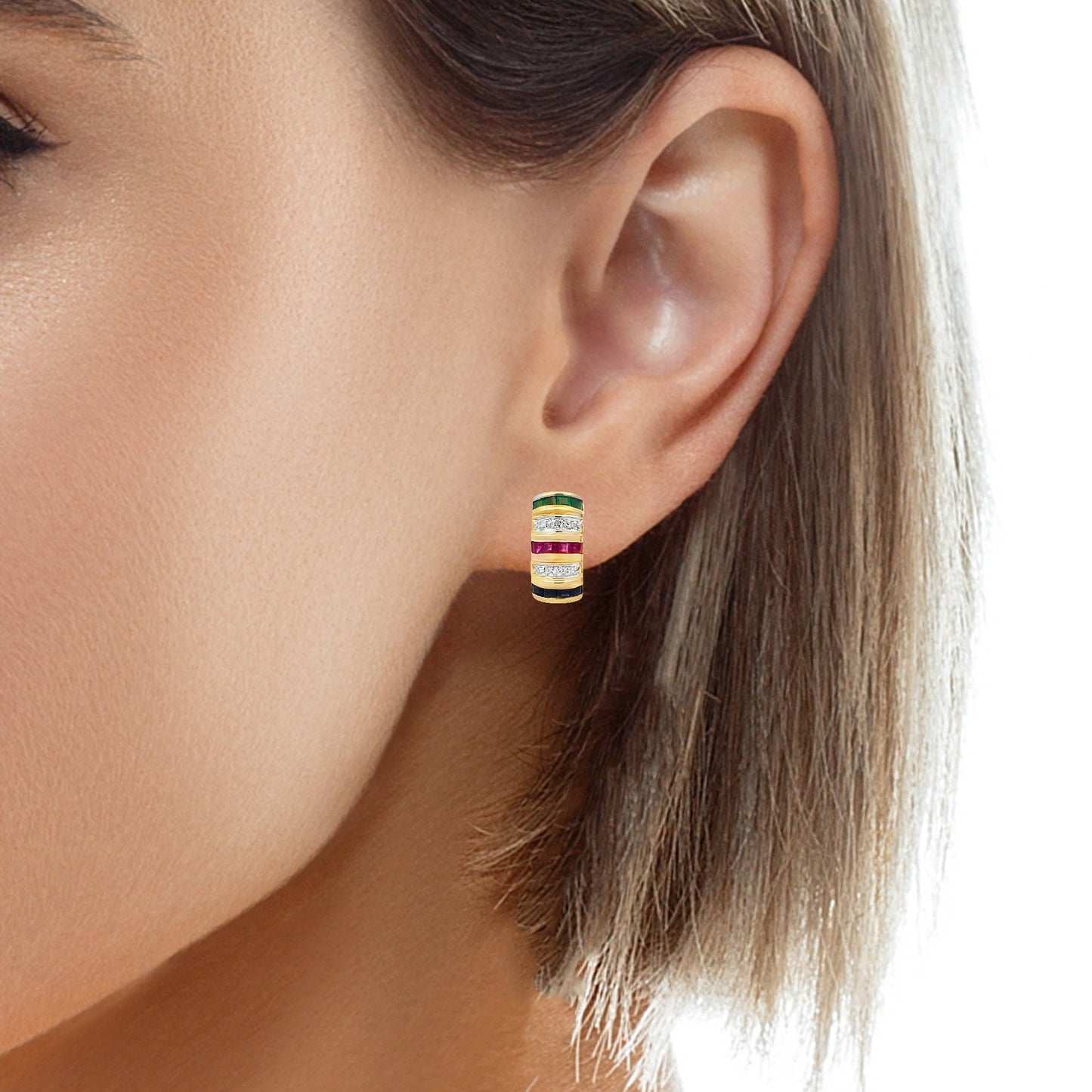 Estate 14k Yellow Gold Earrings with Sapphire, Rubys, Emeralds and Diamonds
