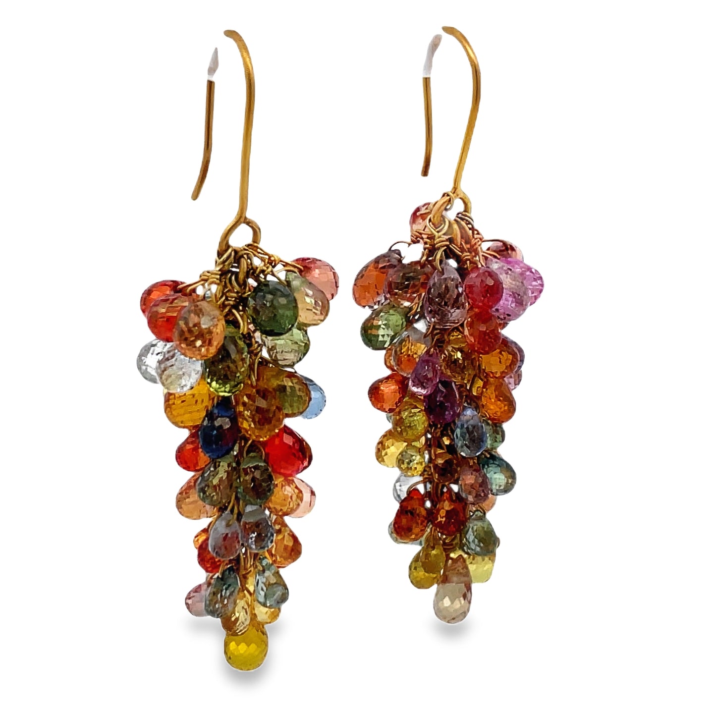 Side view of 14k Yellow Gold Multi-Color Sapphire Briolette Chandelier Earrings 