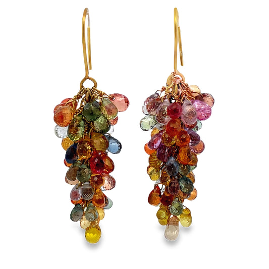Front view of 14k Yellow Gold Multi-Color Sapphire Briolette Chandelier Earrings 