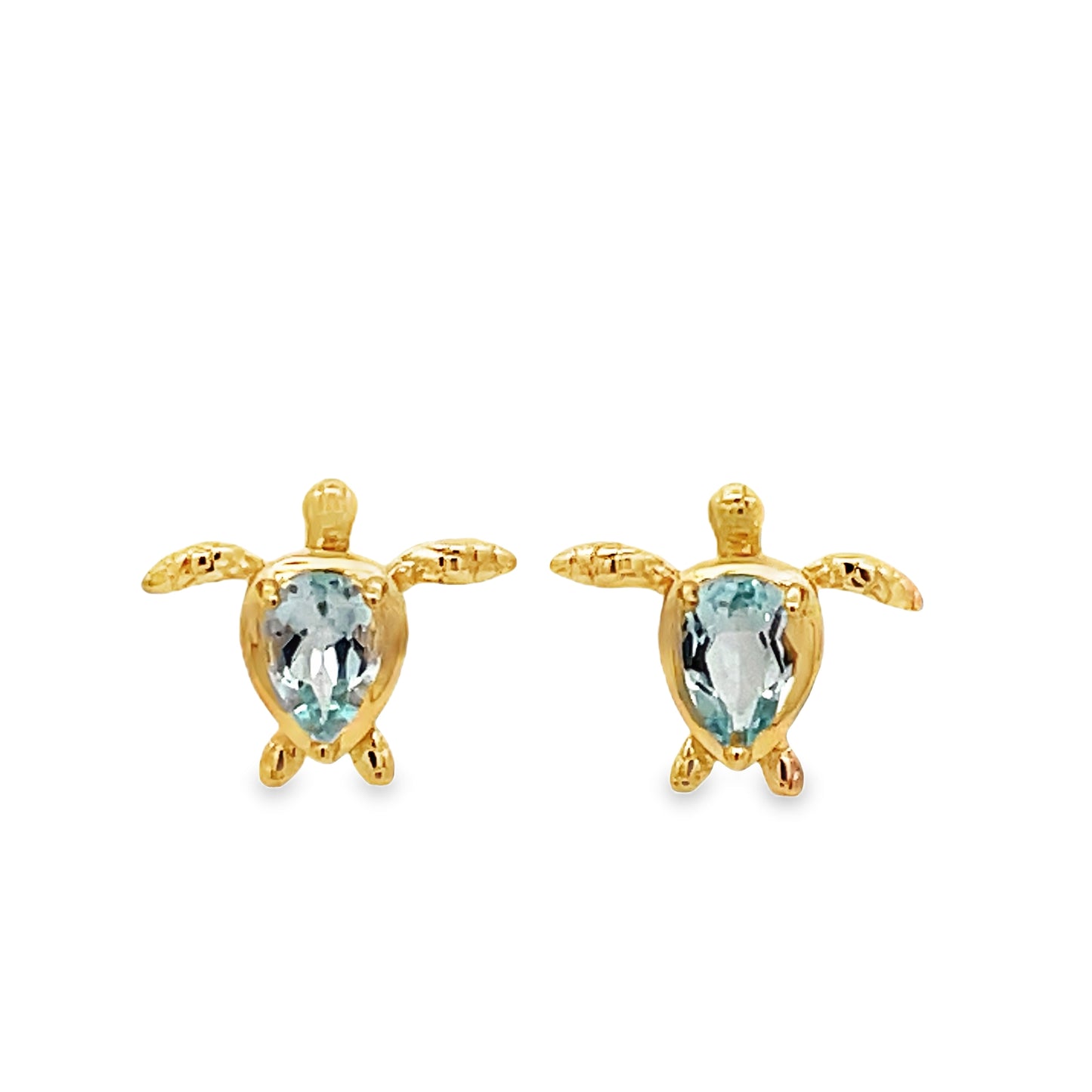 Front view of 14k Yellow Gold Blue Topaz Turtle Earrings 
