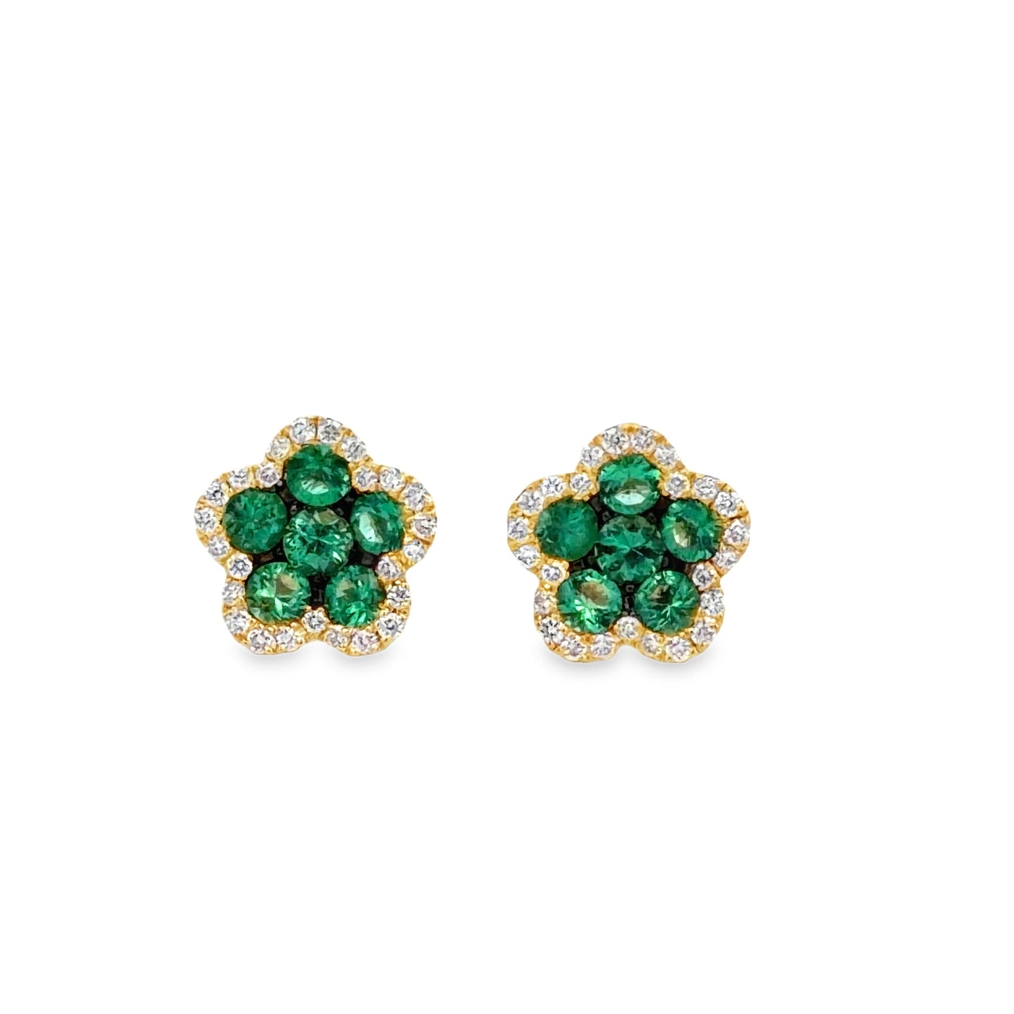 Front view of 18k Yellow Gold Flower Shape Emerald & Diamond Stud Earrings 