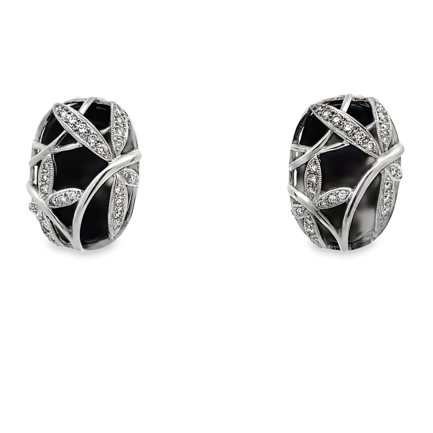 Front view of Estate 18k White Gold Diamond Dragonfly Onyx Earrings 