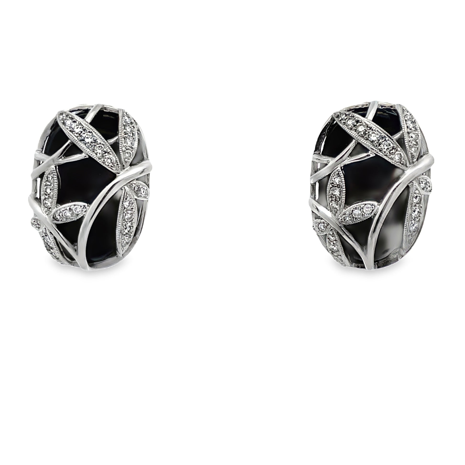 Front view of Estate 18k White Gold Diamond Dragonfly Onyx Earrings 