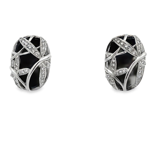 Front view of Estate 18k White Gold Diamond Dragonfly Onyx Earrings 