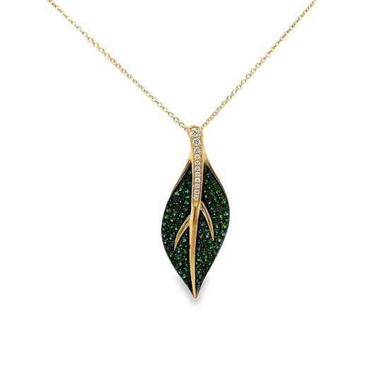 Tsavorite and Diamond Leaf Pendant Necklace Front view