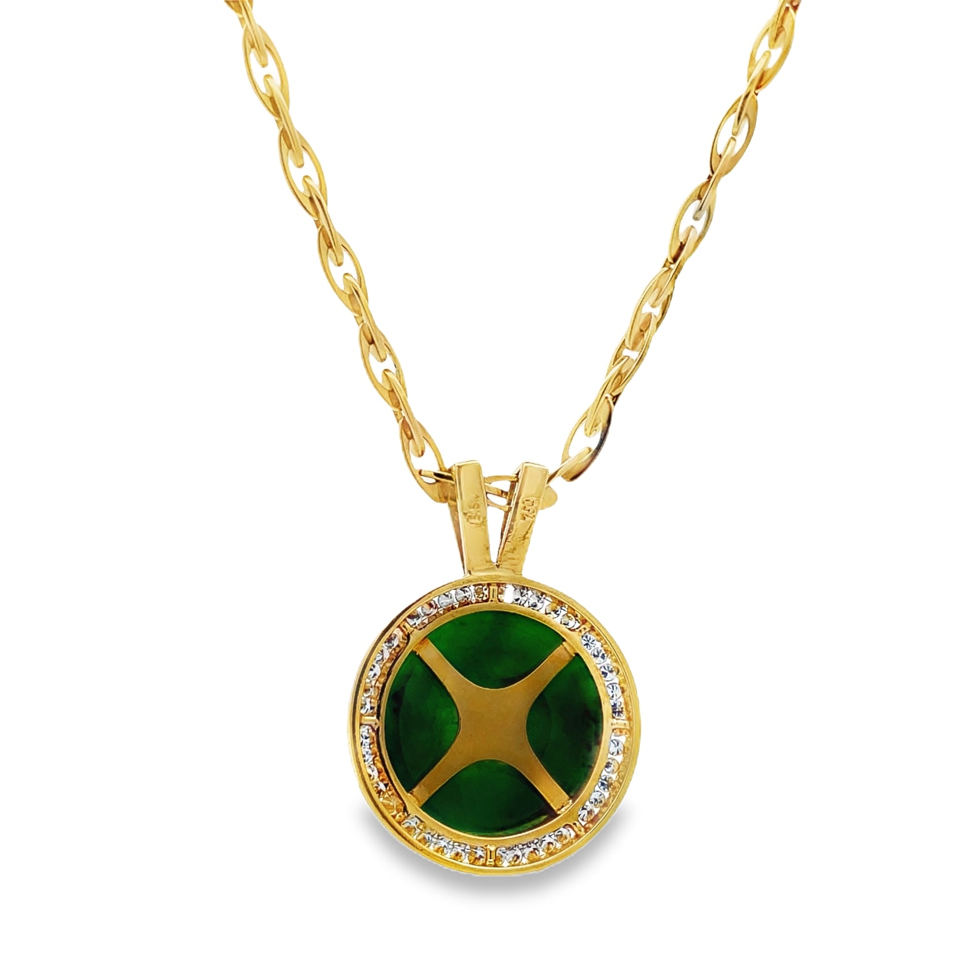 Front view of 18k Yellow Gold Jadeite and Diamond Round Pendant