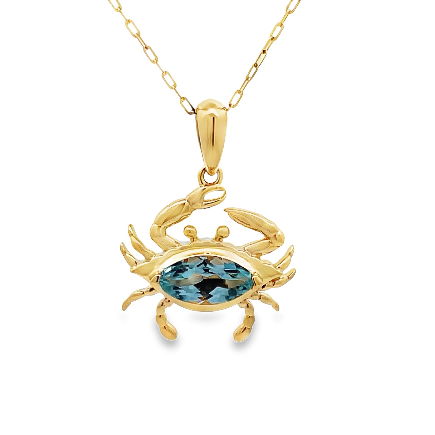 Front view of 14k Yellow Gold Blue Topaz Crab Pendant Necklace