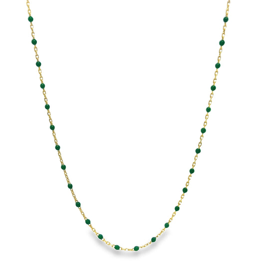 Front view of 14k Yellow Gold Green Enamel Necklace 18"
