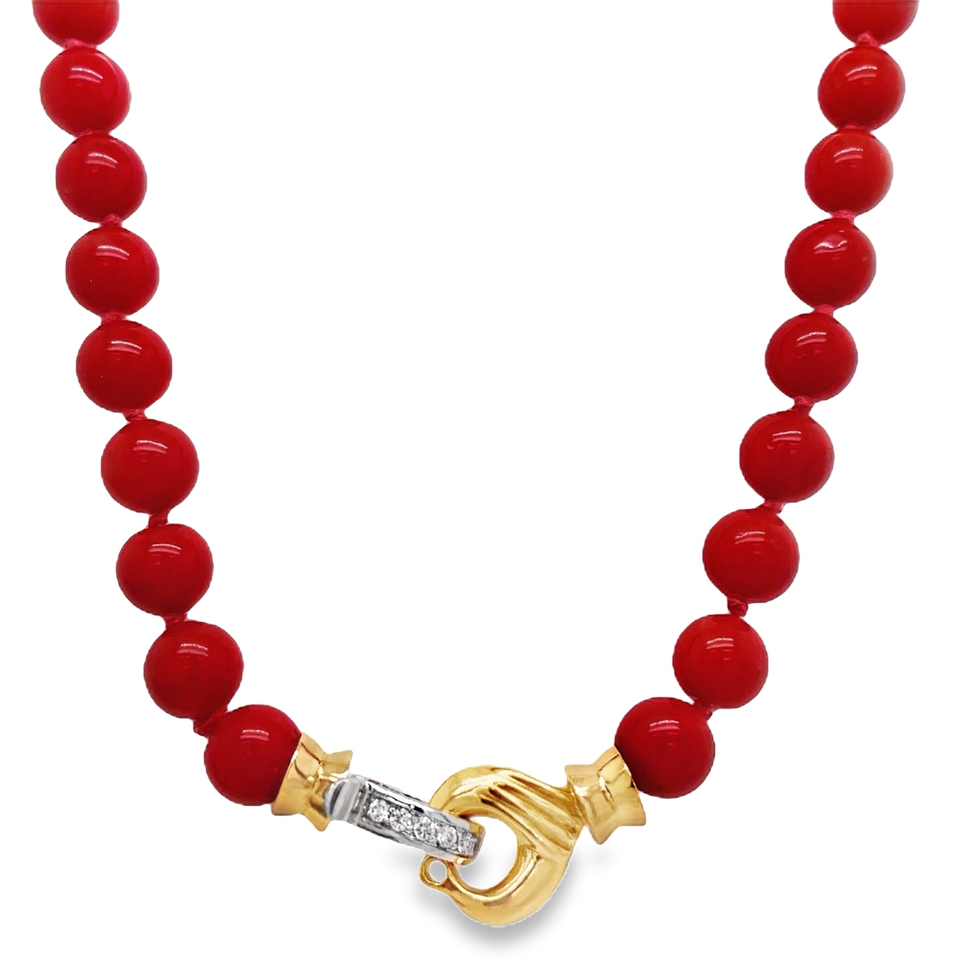Italian Made Red Coral Bead Diamond Necklace Front view